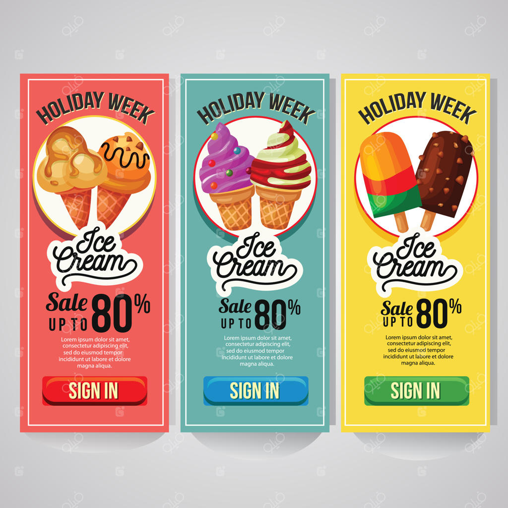 سه بنر عمودی برای تبلیغ بستنی در وب‌سایت