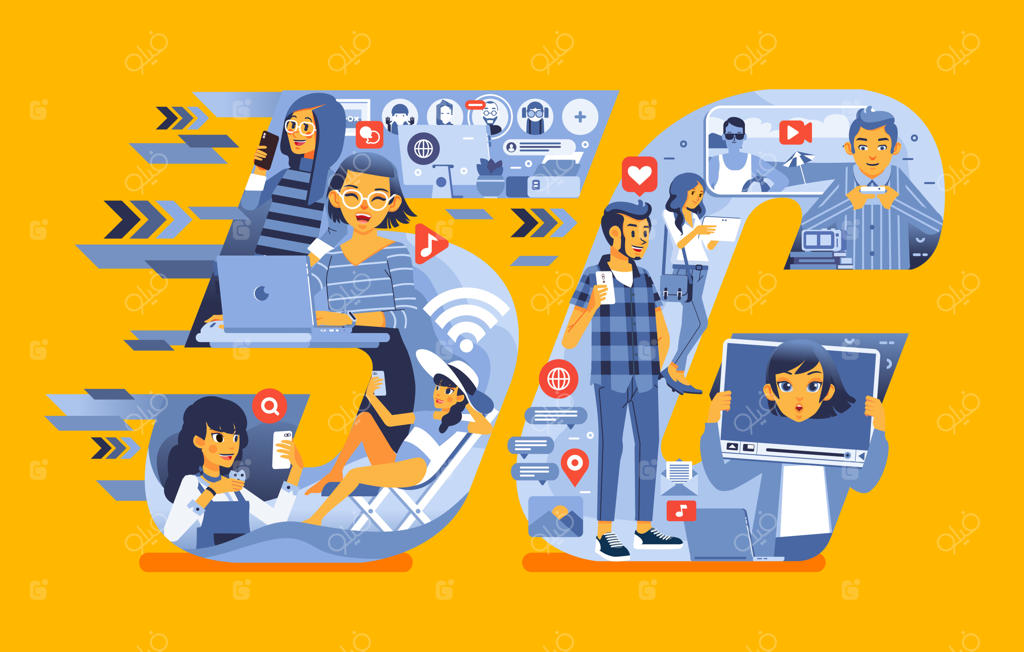 جوانان با استفاده از فناوری شبکه 5G برای نیازهای خود مانند تماس ویدیویی، دسترسی به اینترنت، آپلود ویدیو و شبکه‌های اجتماعی - تصویرسازی تخت