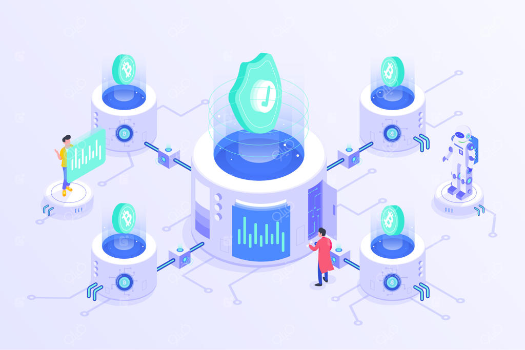 طراحی ایزومتریک سرور آنلاین برای ماینینگ بیت کوین در بلاک‌چین و ارز دیجیتال