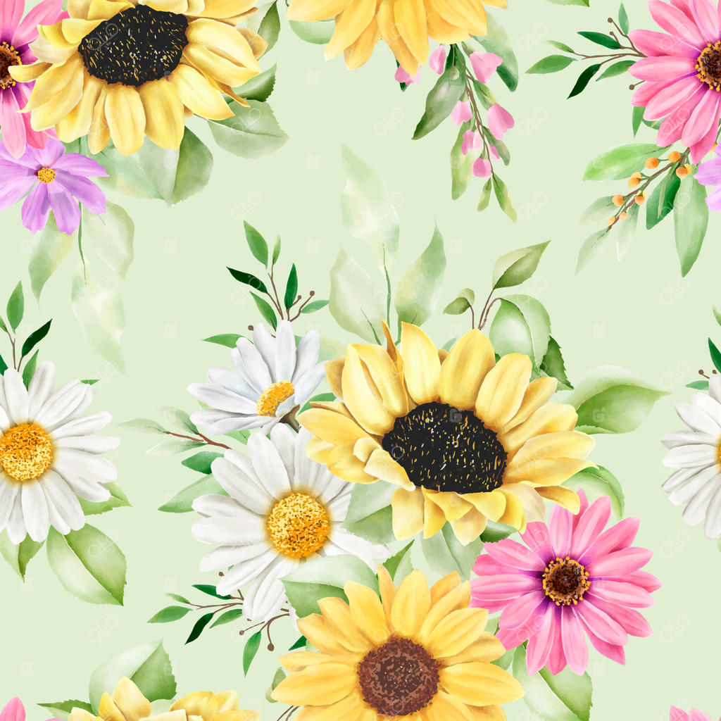 الگوی یکپارچه گل آفتابگردان و بابونه با آبرنگ