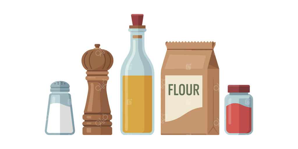 تصویرسازی مواد اولیه پخت: نمک، آسیاب فلفل، روغن زیتون، کیسه آرد و شیشه ادویه‌ها