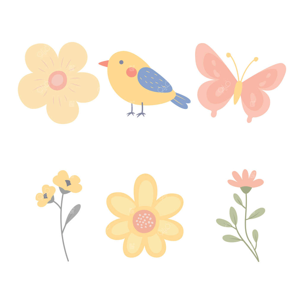 مجموعه عناصر رنگارنگ پاستلی: پرندگان و پروانه‌ها در باغ گل‌ها