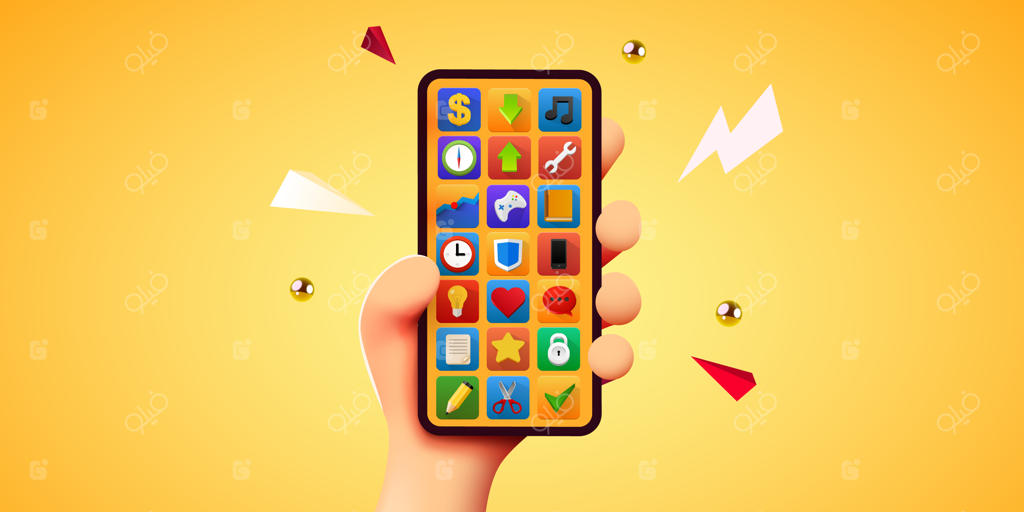 طرح کارتونی بامزه دست با گوشی تلفن همراه هوشمند مدرن