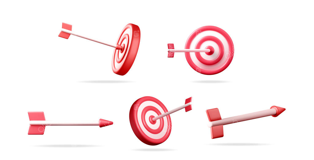 مجموعه سه‌بعدی با هدف و تیر. مفهوم دستیابی به اهداف و موفقیت در کسب و کار برای بازاریابی و استراتژی.