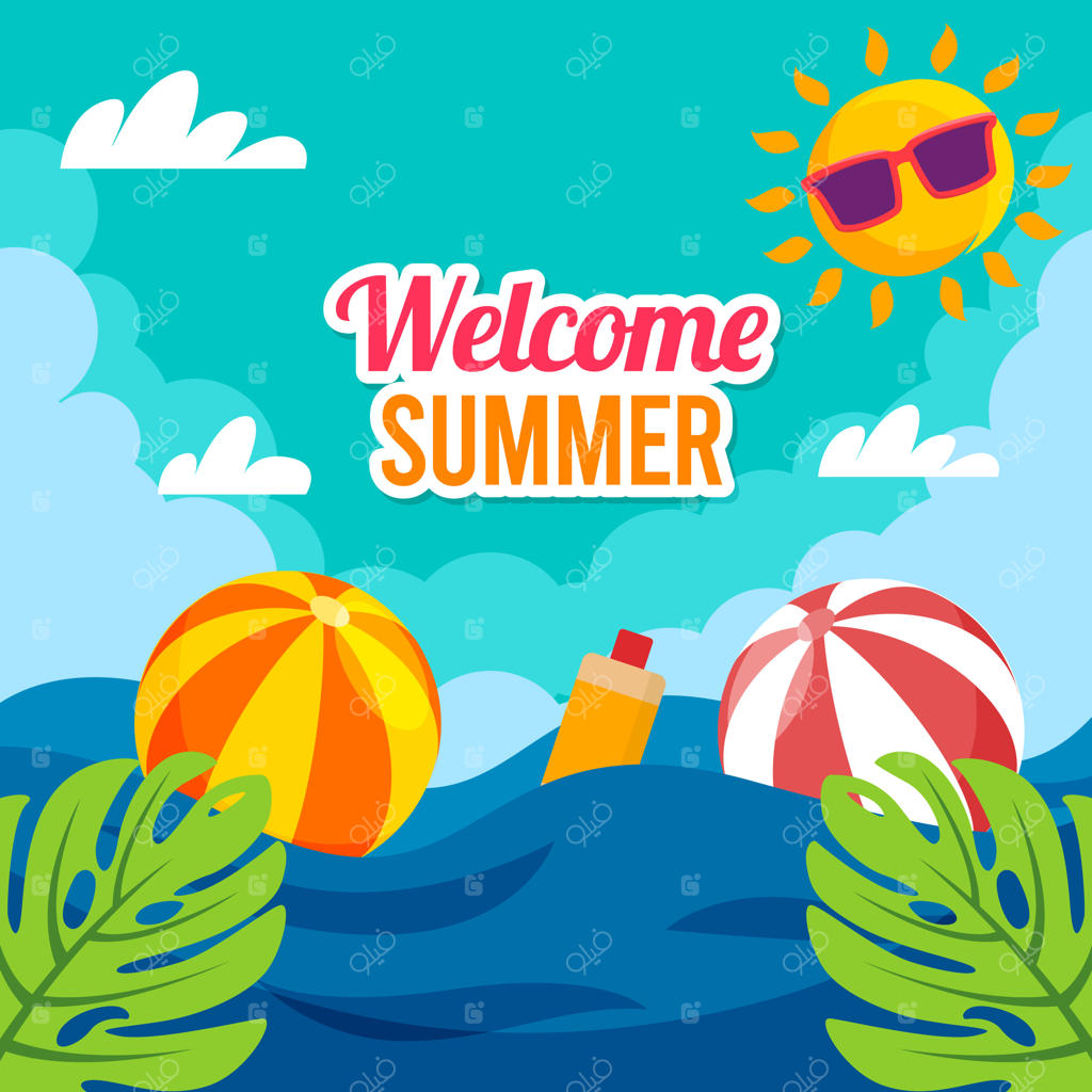 پوستر خوش‌آمدگویی به تابستان با سایه‌بان‌ها و خورشید در پس‌زمینه