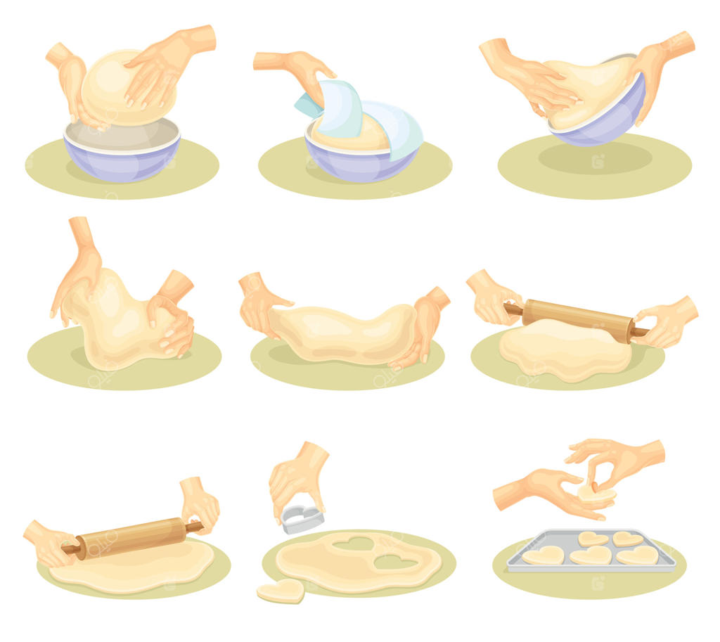 دست‌های انسان در حال ورز دادن خمیر: فرآیند نانوایی و پخت نان، بیسکوییت یا پیتزا - تصویرسازی