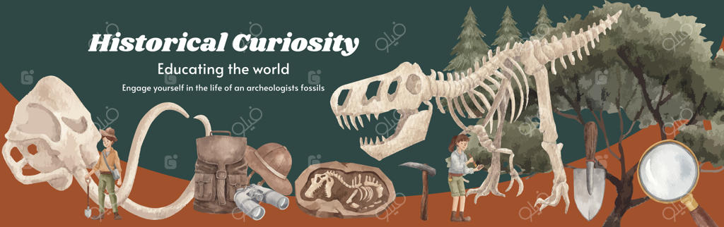قالب تبلیغات فیسبوک با طرح باستان‌شناس فسیل به سبک آبرنگی