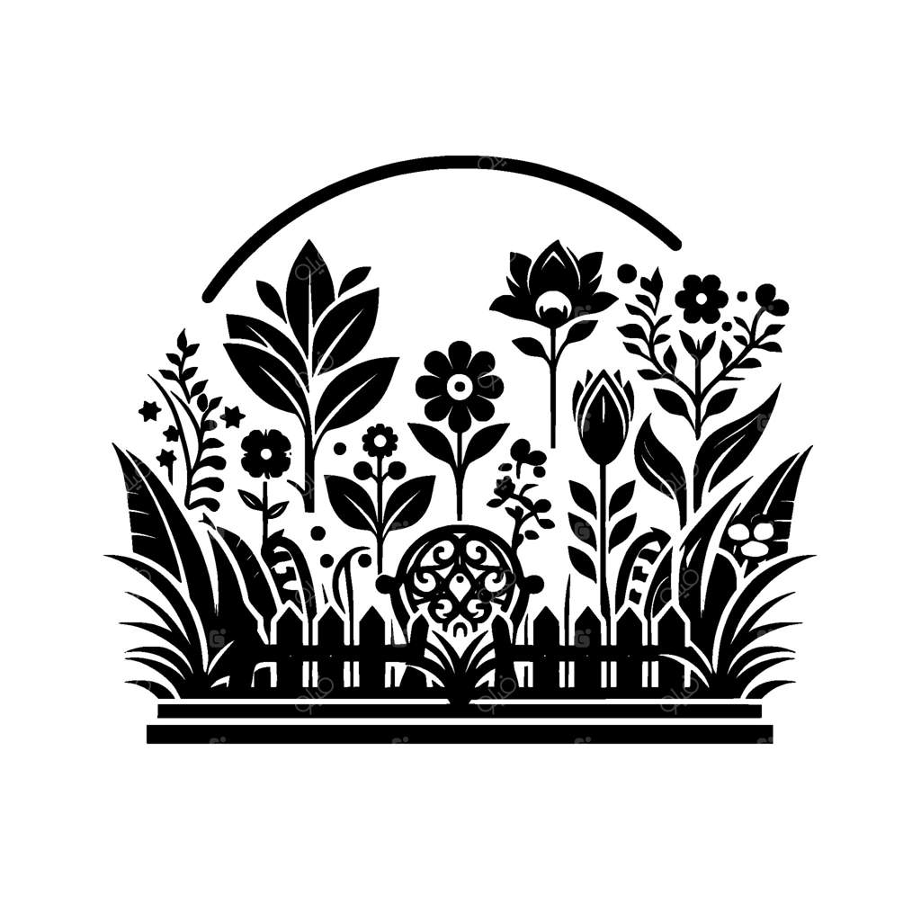 تصویری هنری از یک باغ سیاه و سفید با حصار، گیاهان متنوع و جزئیات گل‌ درون یک قوس منحنی روی زمینه‌ سفید.