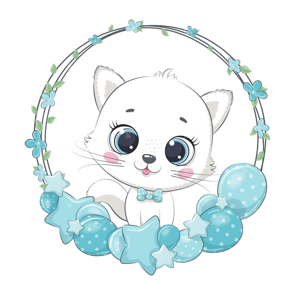 گربه ملوس با بادکنک و تاج گل.