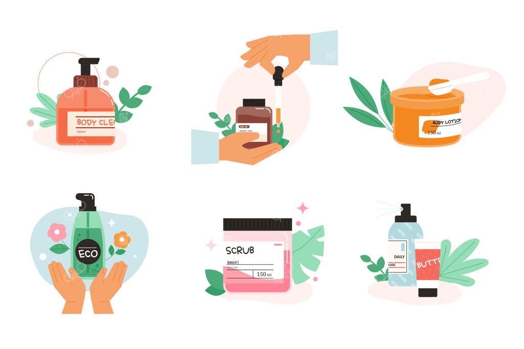 محصولات آرایشی دانیهام و دست‌هایی که از آنها استفاده می‌کنند. تصویرسازی وکتور تخت.