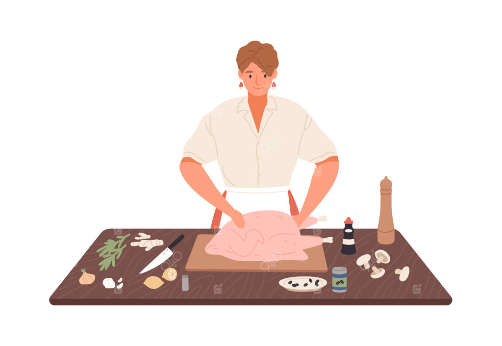 کدبانوی خندان بوقلمون را روی میز آشپزخانه آماده می‌کند - تصویرسازی وکتور. زن شاد در حال طبخ غذا با ادویه‌ها و گیاهان معطر. خانم با پیش‌بند در حال آماده‌سازی غذا برای روز شکرگزاری.