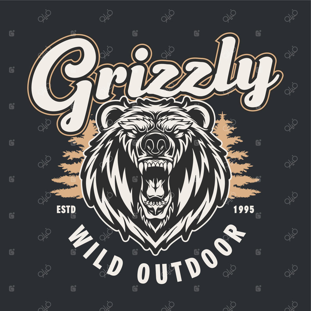 طراحی لوگوی فضای باز با سر خرس گریزلی به سبک وینتیج و رترو