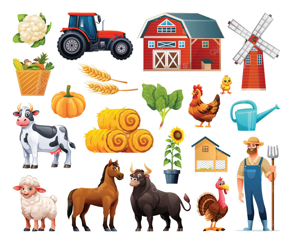 مجموعه عناصر کارتونی مزرعه شامل انبار، آسیاب بادی، تراکتور، حیوانات و محصولات کشاورزی