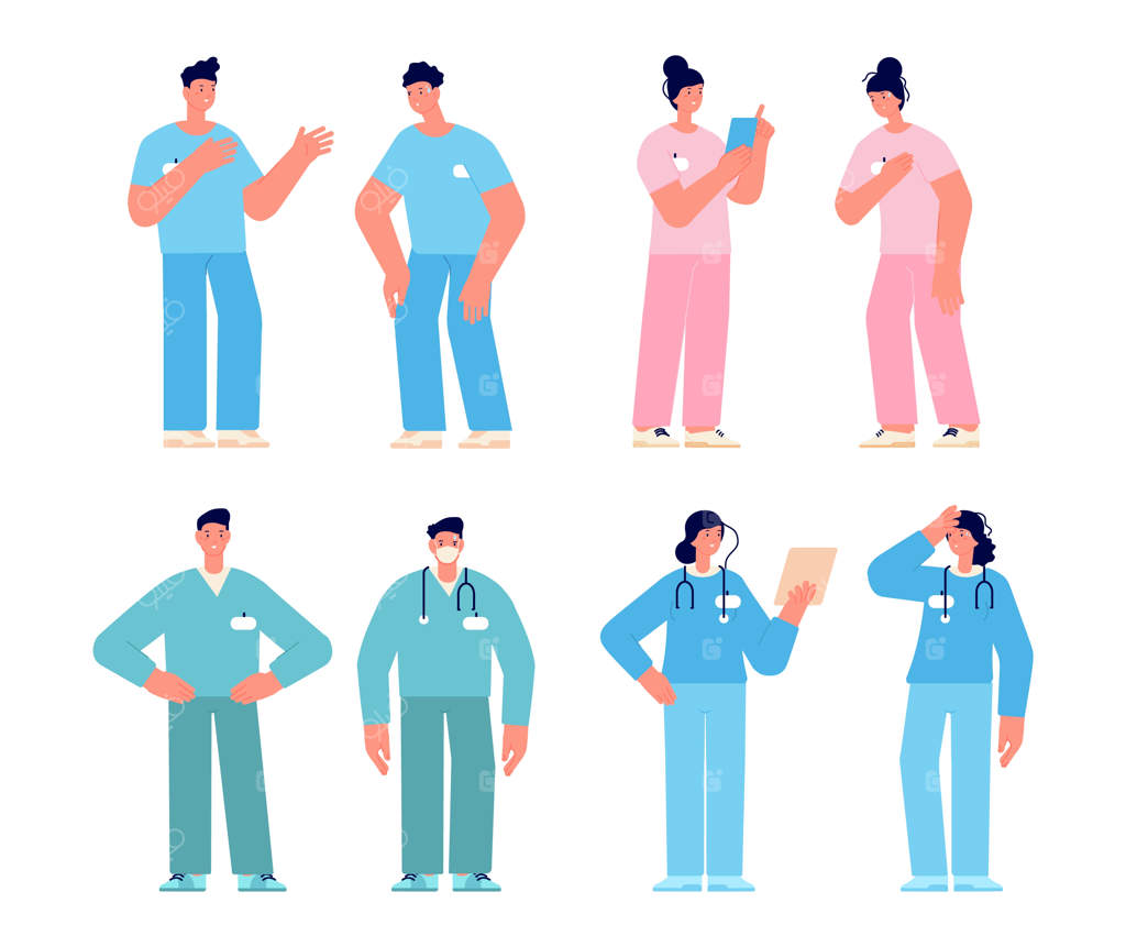 شخصیت‌های پزشکان قبل و بعد از کار، پرستاران خسته، تیم بیمارستان، کارکنان آمبولانس، زن و مرد در لباس پزشکی - مجموعه وکتور