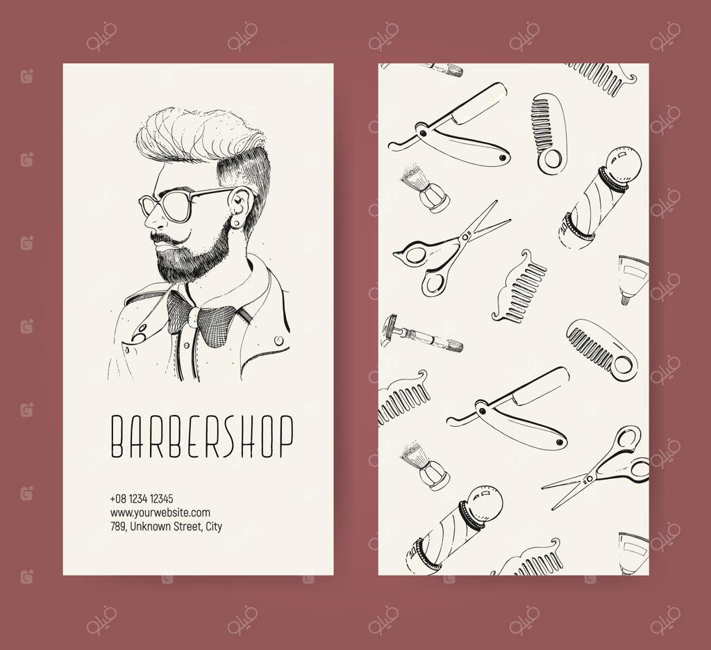 تراکت آرایشگاه با ابزار آرایشگری و مدل موی مردانه مدرن. طراحی وکتور سیاه و سفید.