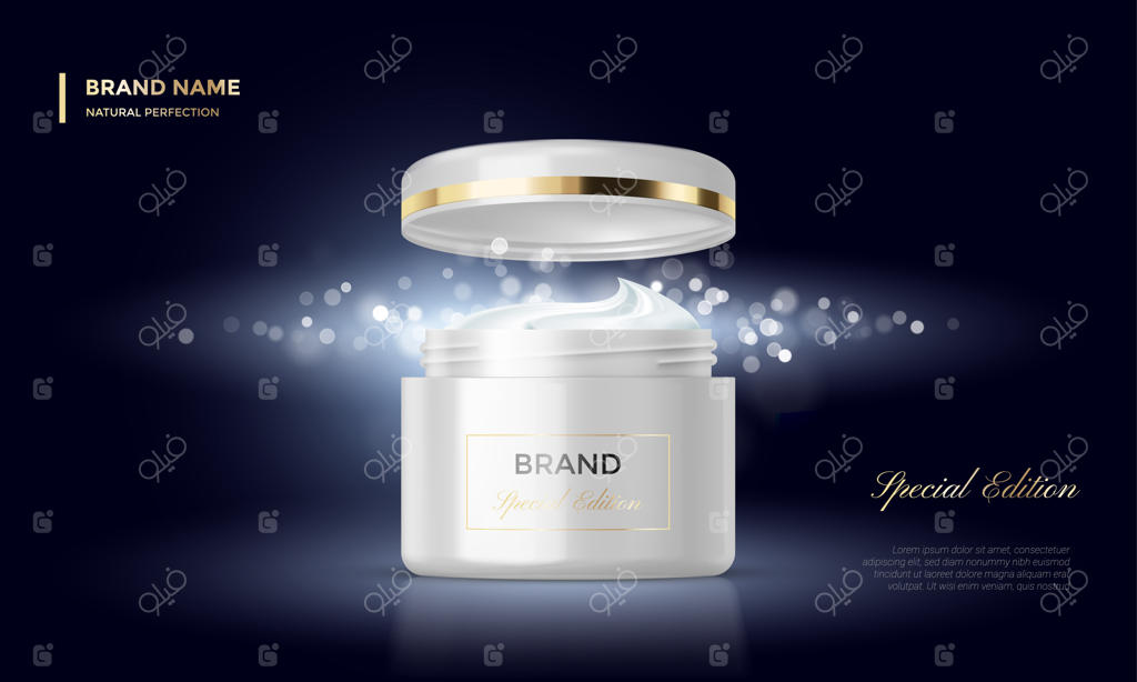 قالب تبلیغاتی بسته‌بندی لوازم آرایشی با زمینه مشکی و طلایی برای کرم مرطوب‌کننده