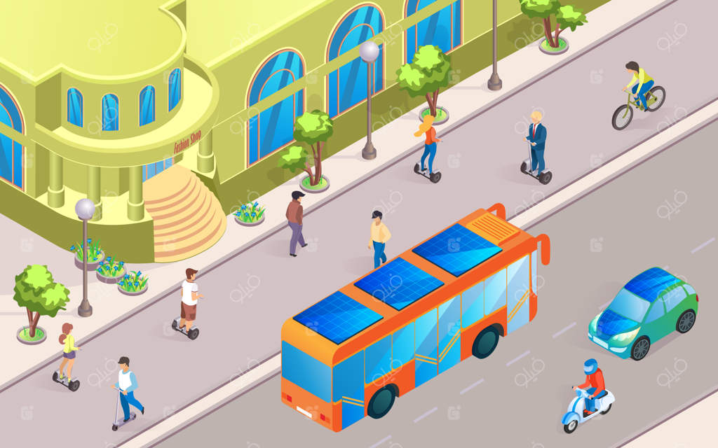 نمای خیابان شهر آینده به صورت وکتور و تخت.