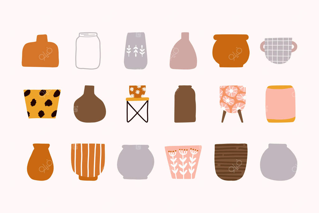 گلدان‌های سفالی بوهمیایی سنتی و مدرن: کوزه، بطری و لیوان‌های سرامیکی با سبک اسکاندیناویایی. طراحی دستی برای تزئین داخلی.