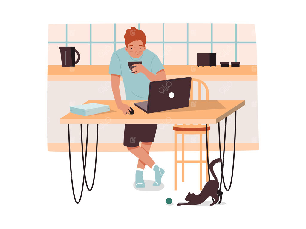 مردی در آشپزخانه با قهوه مشغول کار از راه دور