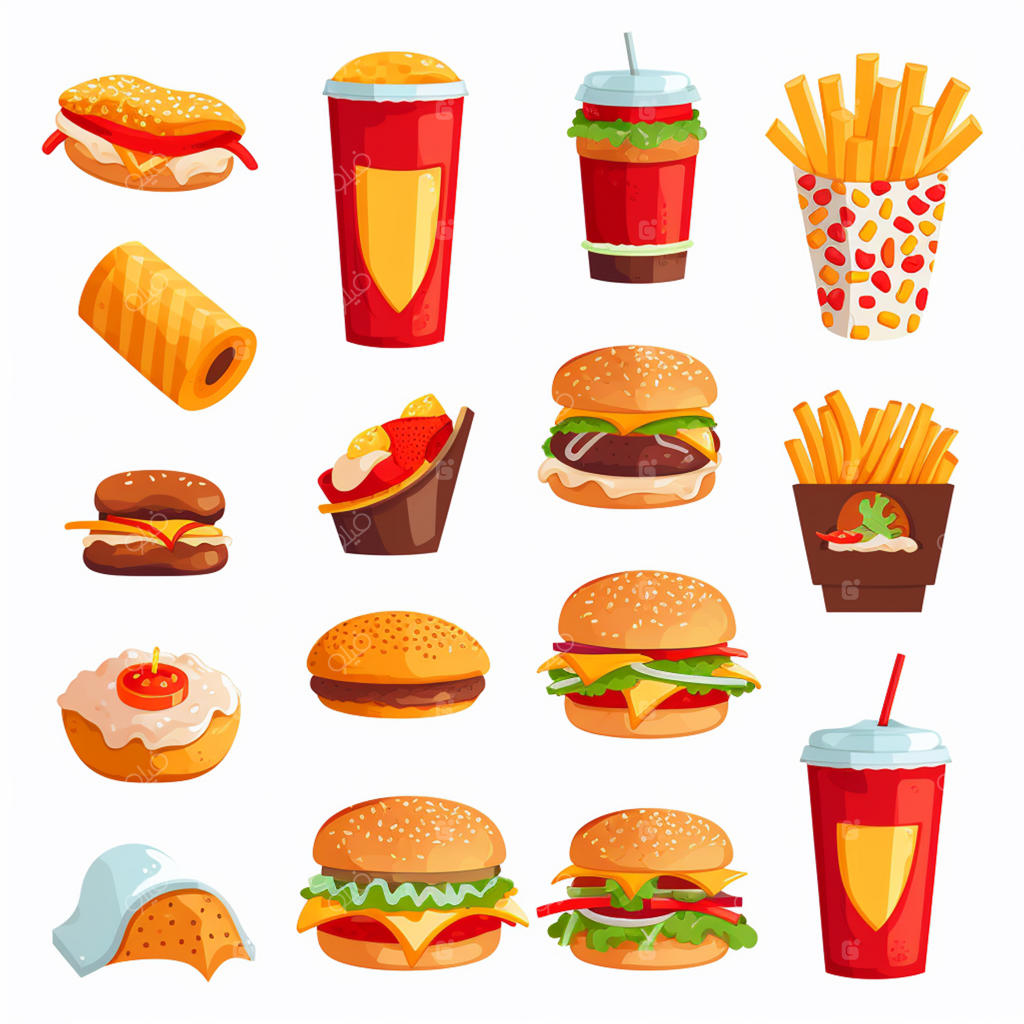 وکتور تصویرسازی کارتونی منوی رستوران و فست‌فود با طرح همبرگر و پیتزا