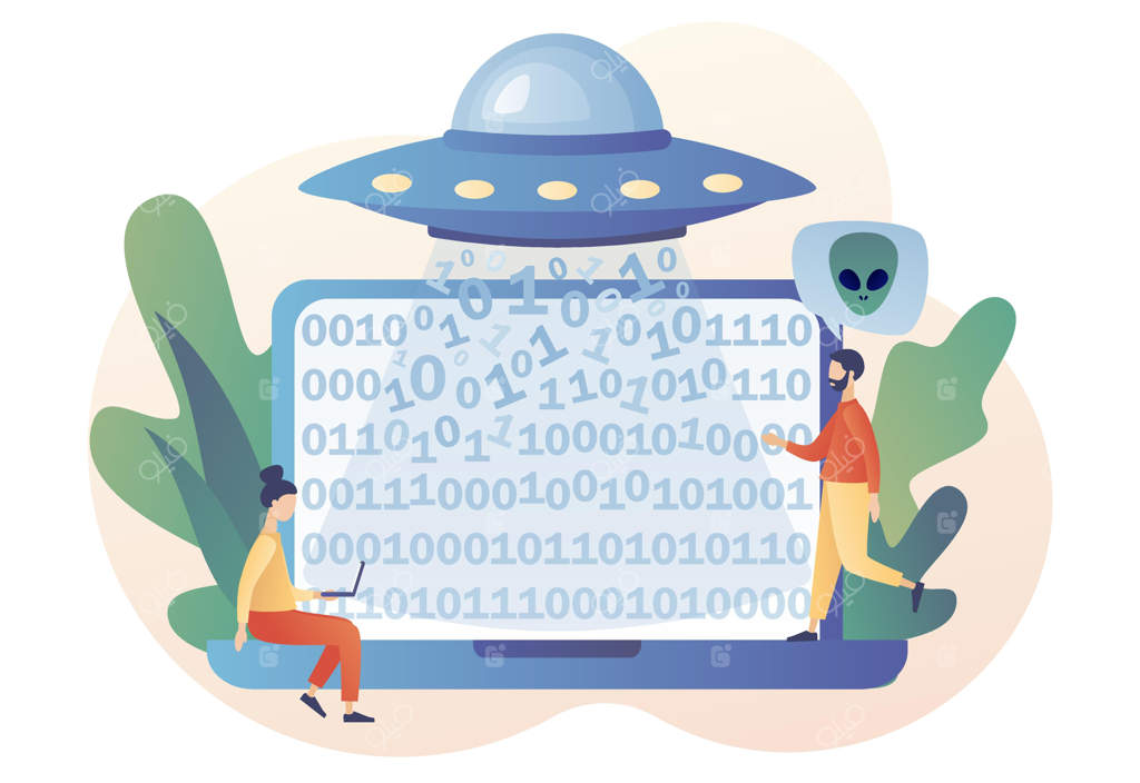 :بشقاب پرنده با پرتو نور داده‌های کامپیوتر را می‌رباید. روز تماس جهانی. مفهوم فضا. موجودات فضایی