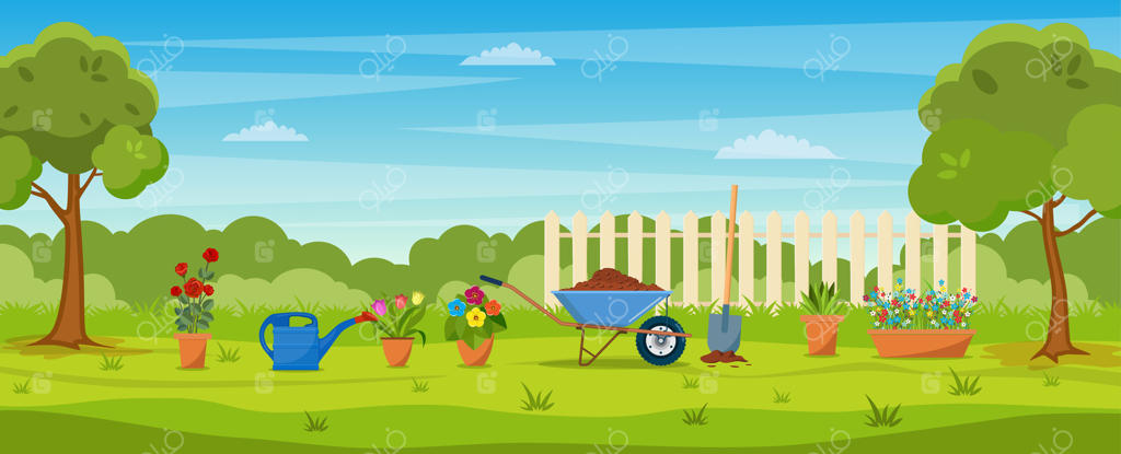 باغ با چمن سبز، گل‌ها، فرغون و بیل. مفهوم باغداری. بنر با منظره بهاری یا تابستانی. تصویرسازی وکتور به سبک فلت.