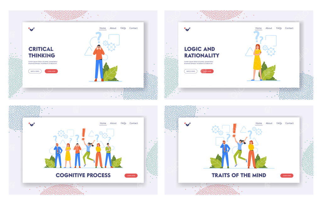 مجموعه الگوهای صفحات فرود فرآیندهای شناختی: مفهوم تفکر انتقادی در کسب‌وکار با شخصیت‌های مرد و زن در حال تصمیم‌گیری