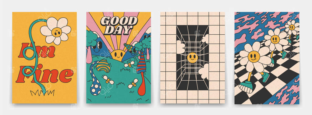 مجموعه‌ای از پوسترهای شاد و دهه ۷۰: پوسترهای رترو با مناظر توهمی قارچ‌ها