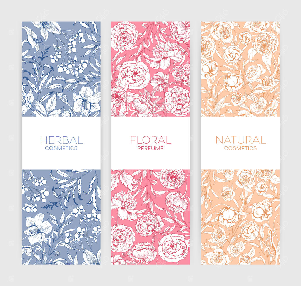 مجموعه بنرهای عمودی با گل‌های افسانه‌ای و گل‌های تابستانی در حال شکوفه‌دهی در باغچه رومانتیک