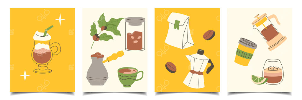 مجموعه پوسترهای با تم قهوه: طراحی کارت‌پستال، بنر، منو و جلدها