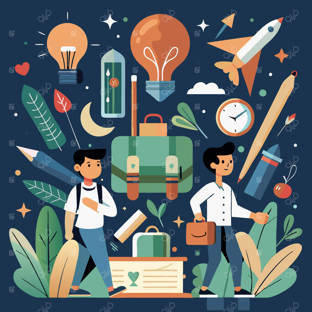 دو دانش‌آموز در مسیر مدرسه، در میان نمادهای مرتبط با تحصیل