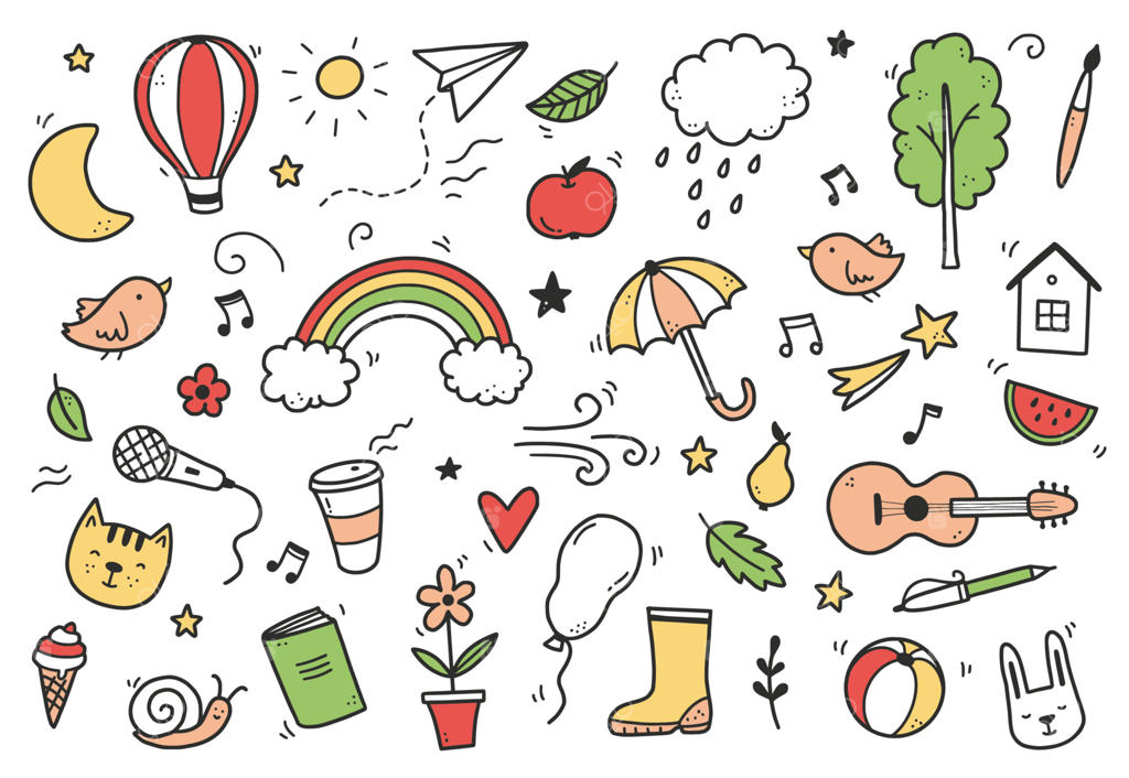 طرح دودل بامزه با ابر، رنگین‌کمان، خورشید و حیوان