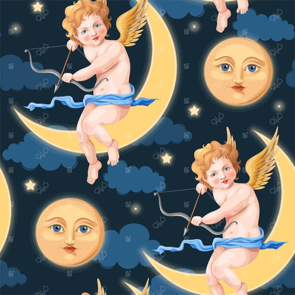 طرح یکپارچه وکتور با کوپید و ماه به سبک وینتج