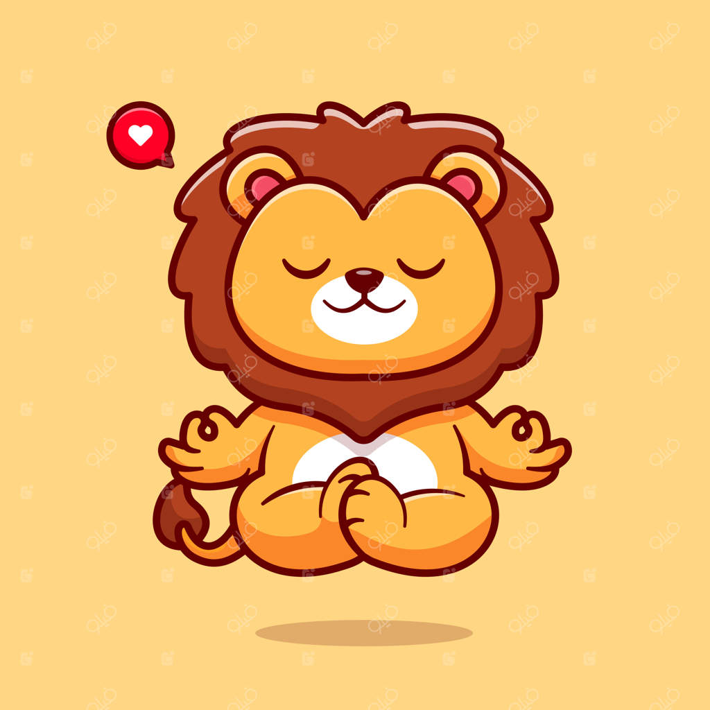 تصویر برداری کارتونی شیر بامزه در حال مدیتیشن و یوگا - نماد ورزش حیوانات، طراحی مسطح و مجزا