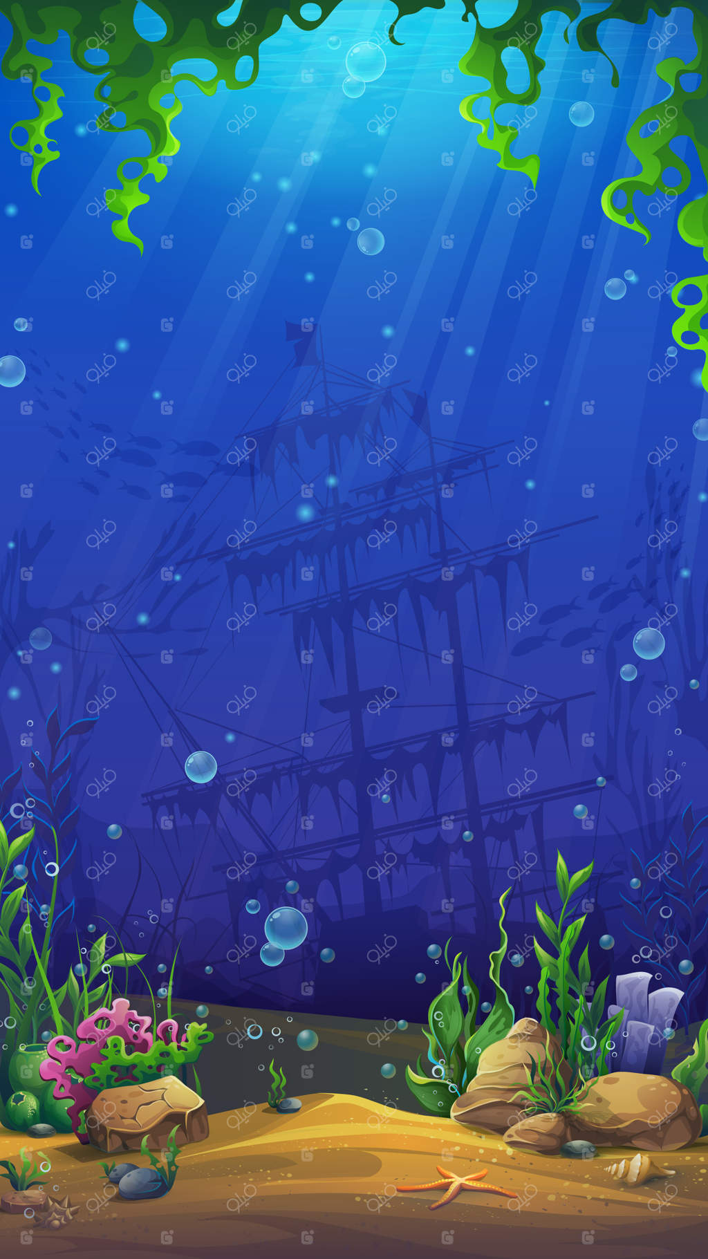 پس‌زمینه دنیای ماهجونگ ماهی‌ها در دنیای زیر آب با شن و ماسه