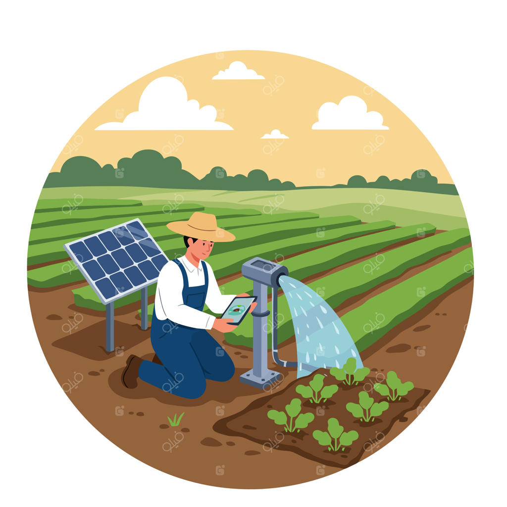 کشاورز با استفاده از تبلت برای آبیاری با پنل خورشیدی و آب