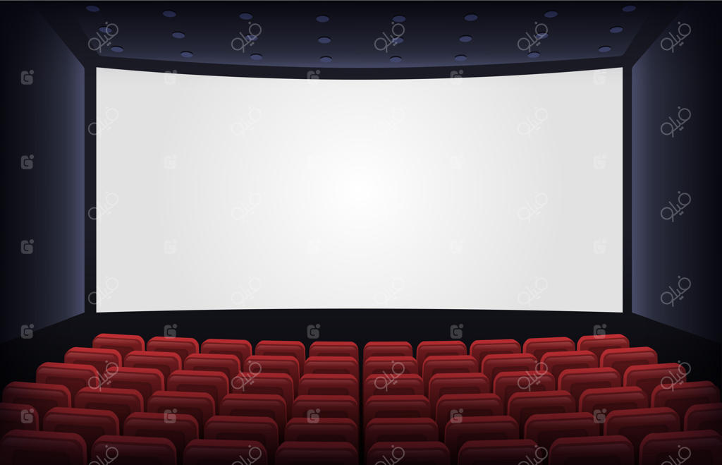 سالن سینمای خالی: صحنه نمایش فیلم با صندلی‌های قرمز و پرده سفید. تصویرسازی صحنه خالی سینما