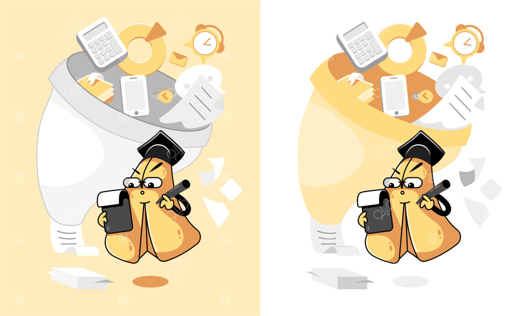 کارتونی از یک موز که یک لامپ و ماشین حساب در دست دارد.
