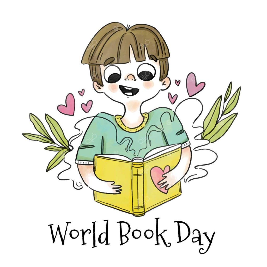 پسر کوچولوی ناز در حال لبخند و کتاب‌خوانی با برگ‌های اطرافش