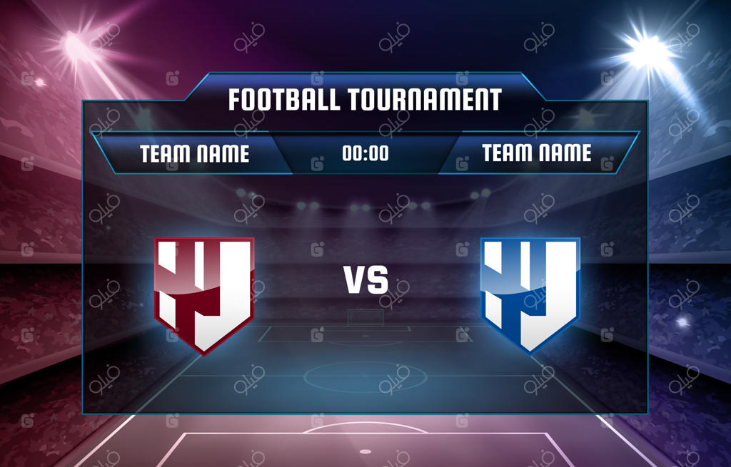 ورزشگاه فوتبال با نورافکن و تابلو امتیازات در پس‌زمینه