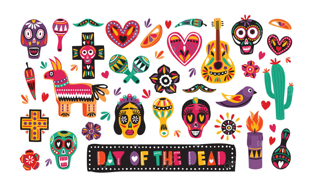 مجموعه‌ای از تزئینات سنتی روز مردگان در پس‌زمینه سفید