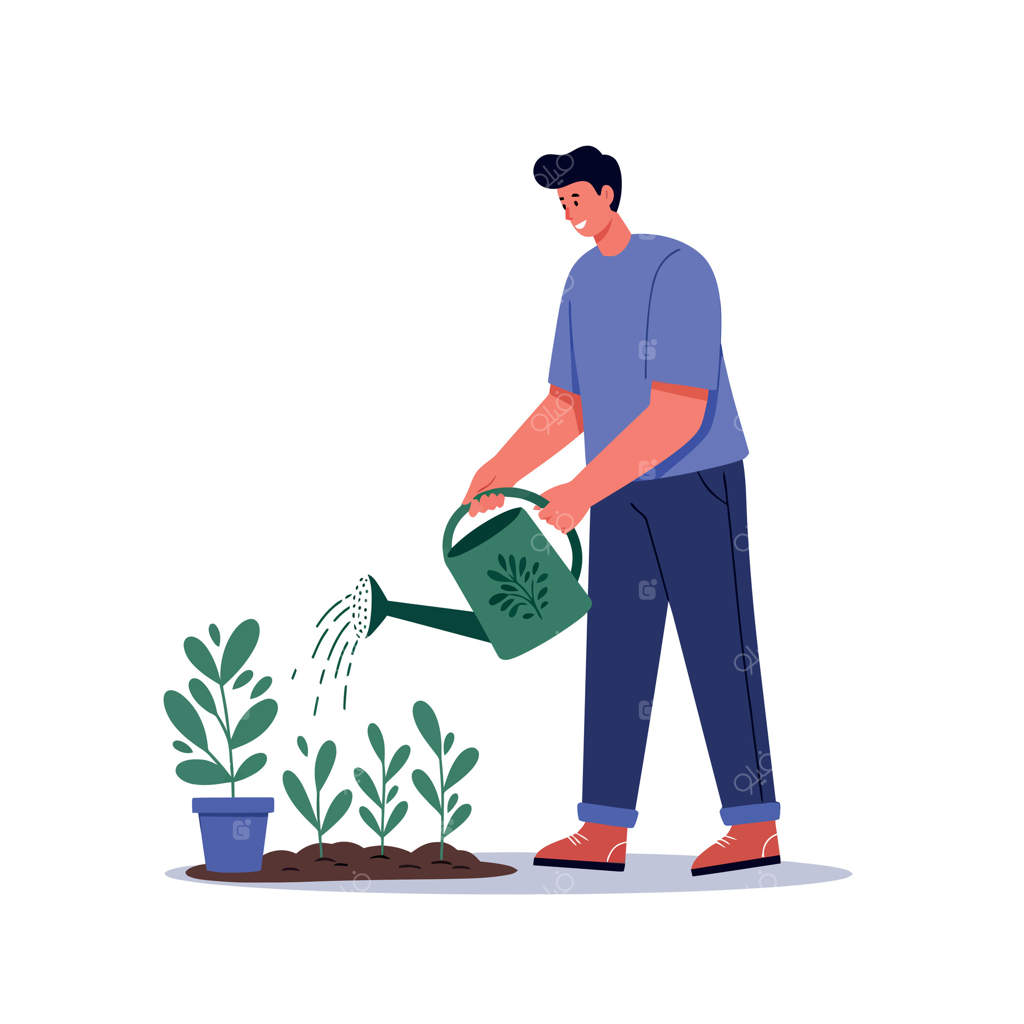 مردی که در باغچه با آبپاش به گیاهان سبز آب می‌دهد در یک طراحی تخت و ساده