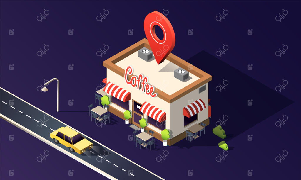 خانه قهوه‌ای ایزومتریک با ترافیک تاکسی و نشانه‌گر مکان