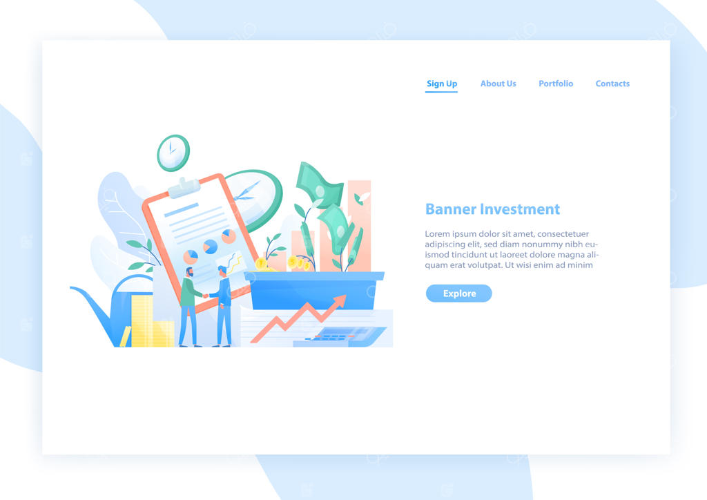 قالب بنر وب با تصویر دو تاجر یا سرمایه‌گذار دست‌به‌دست و نمودارهای بازار سهام و پول. سرمایه‌گذاری و تأمین مالی. تصویرسازی رنگارنگ و جذاب به سبک مسطح برای تبلیغات.