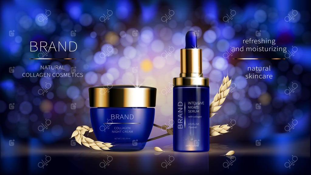 پوستر تبلیغاتی واقع‌گرایانه لوازم آرایشی کلاژن‌دار؛ محصول هوشمند مراقبت از پوست حاوی کلاژن گندم در کنار خوشه‌های گندم با پس‌زمینه بوکه آبی، کرم زیبایی و موکاپ کاتالوگ مجله گلاسه