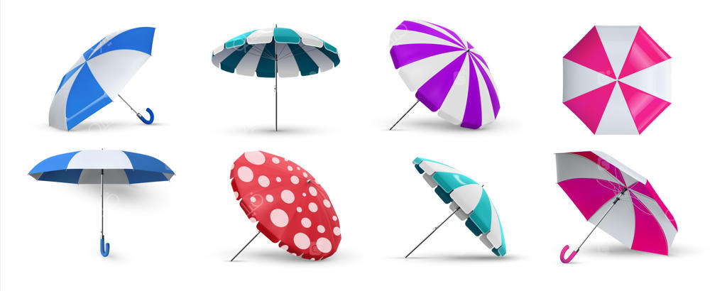 چتر ساحلی واقعی: مجموعه‌ای از لوازم محافظت در برابر آفتاب یا باران با طراحی سه‌بعدی و نمایی از جهات مختلف, چترهای راه‌راه و سایه‌بان‌های کنار استخر