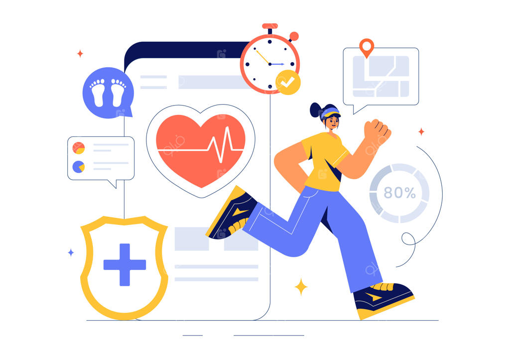 تصویرسازی وکتور فناوری سلامت و ابزارهای مدرن پایش سلامتی در زندگی روزمره با پس‌زمینه تخت