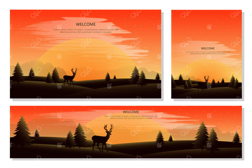 مجموعه بنرهای منظره تپه و کوهستان، به سبک طراحی فلت. پس‌زمینه‌های تصویری