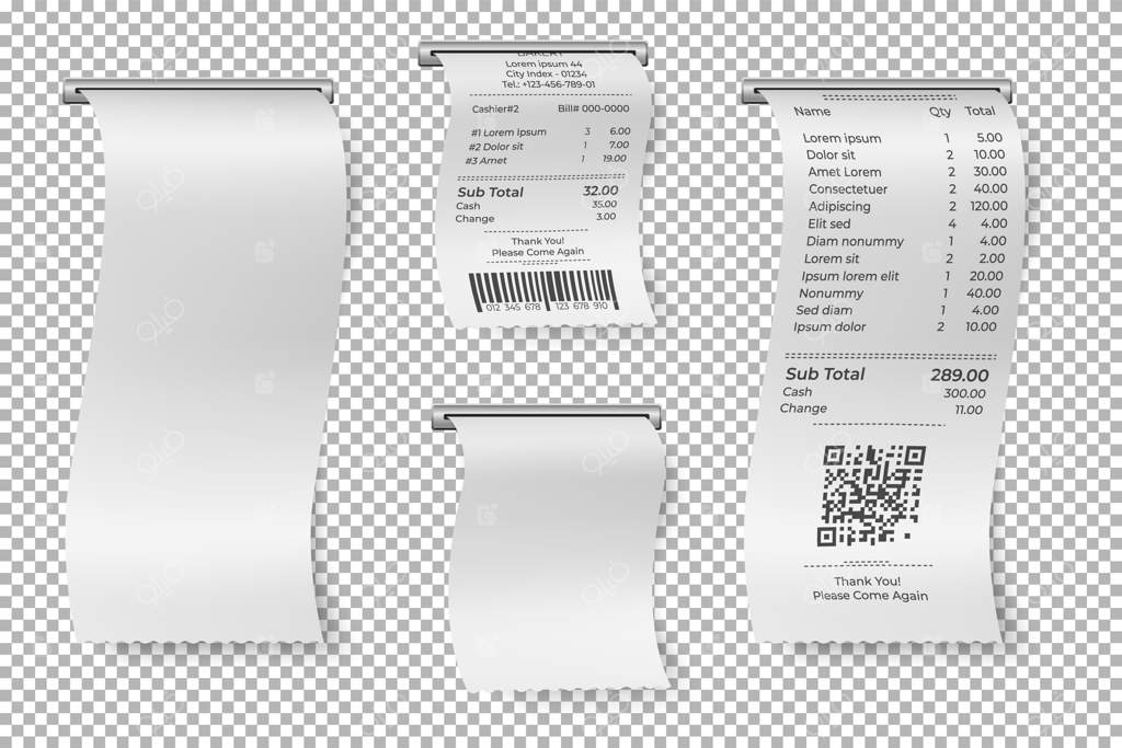 فاکتور فروش چاپ شده: رسید رستوران، چک کاغذی خودپرداز، نمونه فاکتور فروشگاه یا سوپرمارکت، قالب فاکتور کاغذی، رسید سفارش و تراز مالی.