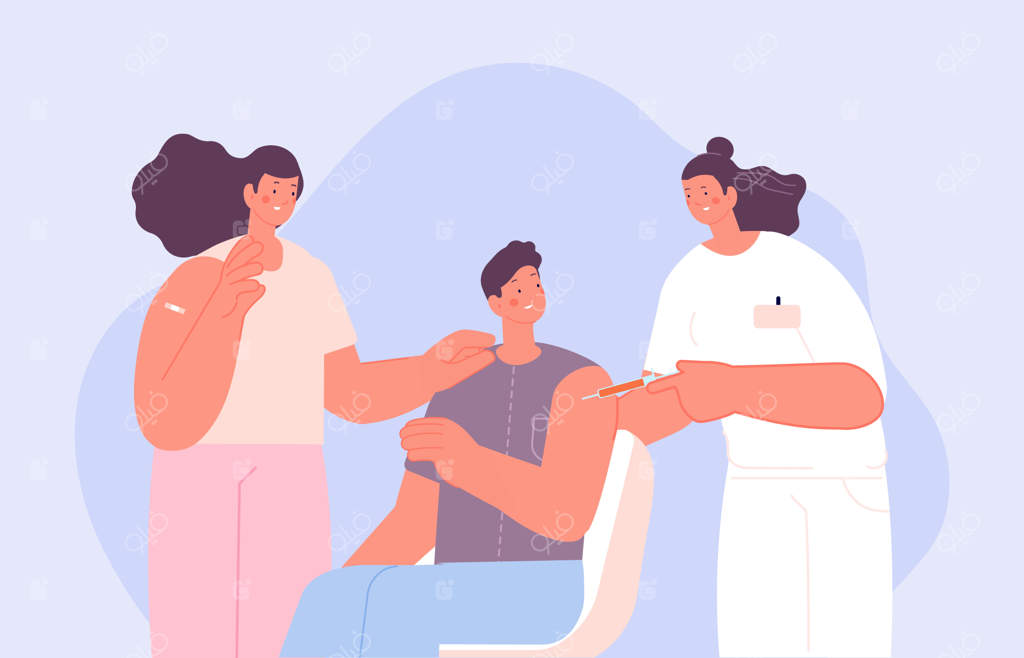 افراد واکسینه شده: زوج و پرستار در حال تزریق واکسن آنفولانزا - مفاهیم پزشکی و مراقبت از سلامت و زندگی